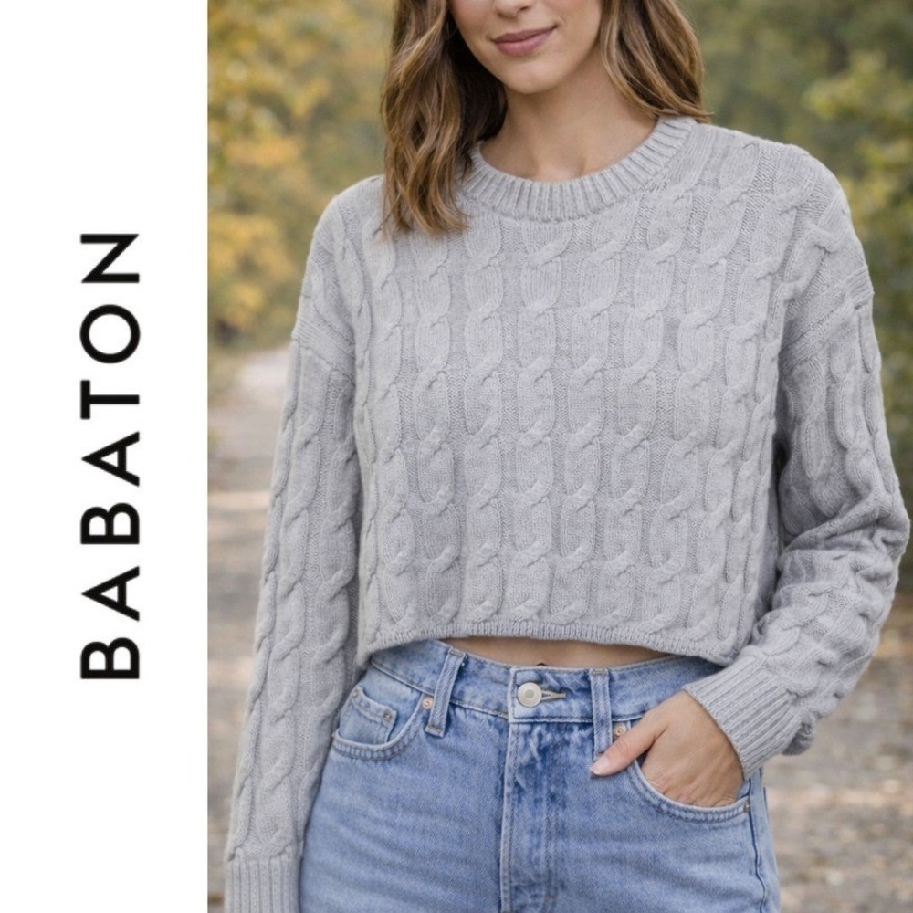 NEW, Babaton Aritzia Grey Cable Knit 100% Wool Cropped‎ Sweater Size XS, X-Small